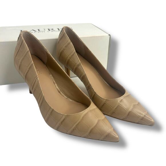 NEW Ralph Lauren Lanette Nude Croc Embossed Heels Size 5 Pointy Toe Stiletto - Picture 3 of 15